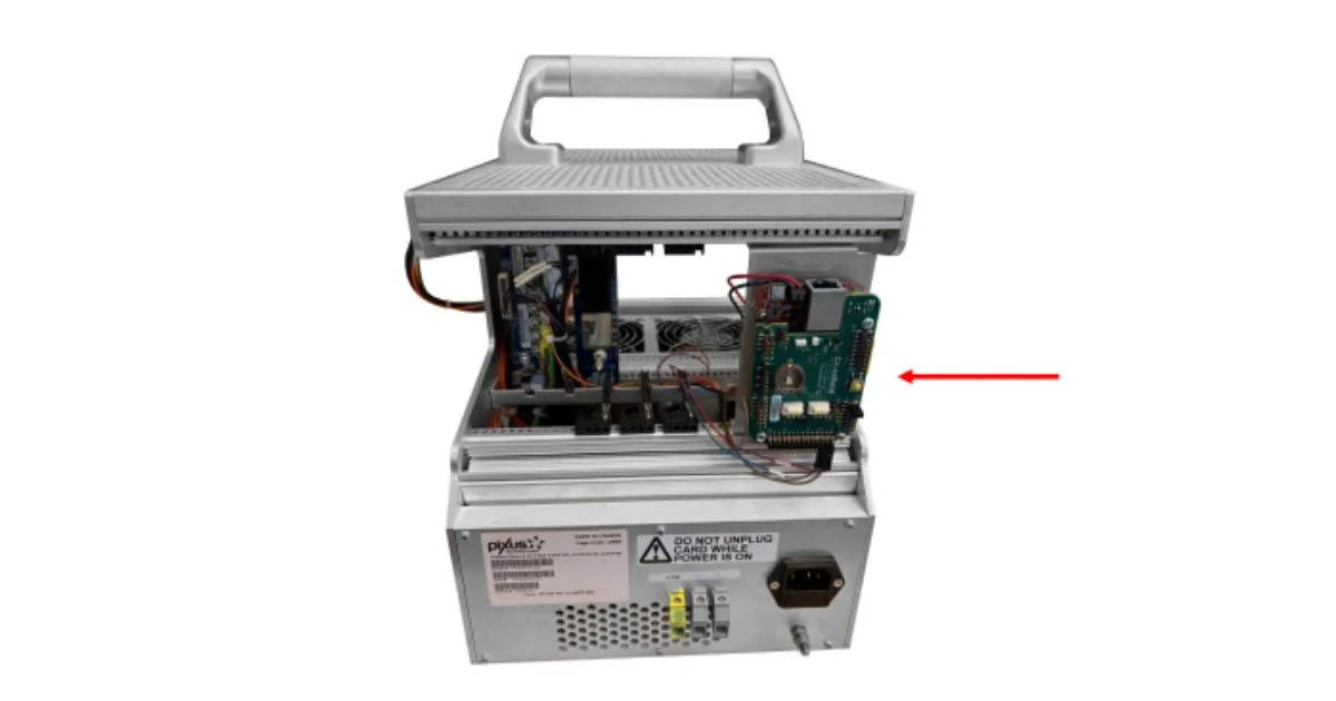 Portable chassis with internal electronics exposed and side control board visible.