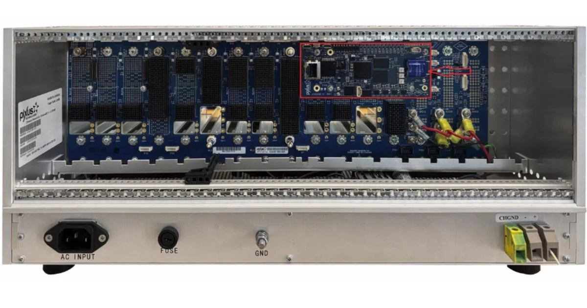 Open VPX chassis showing backplane with highlighted management card.