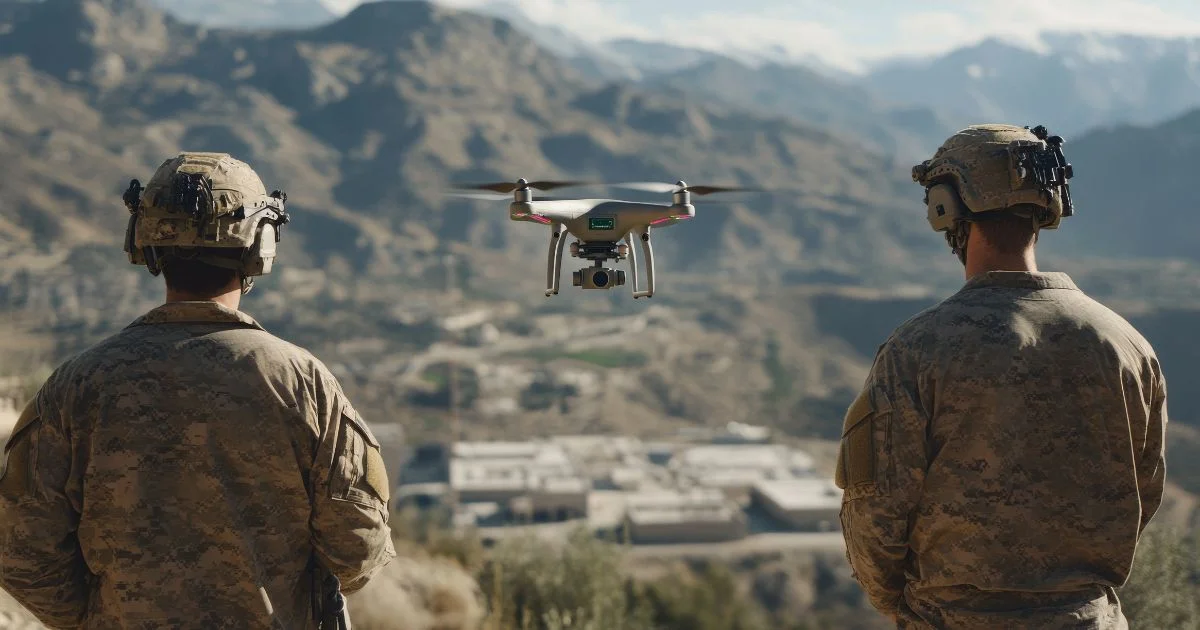 Soldiers monitoring drone flight in mountainous terrain.