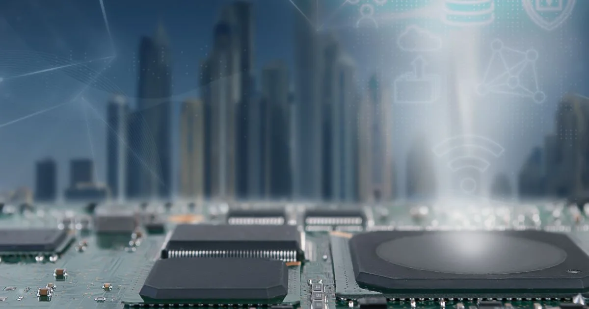 Circuit board with futuristic smart city overlay