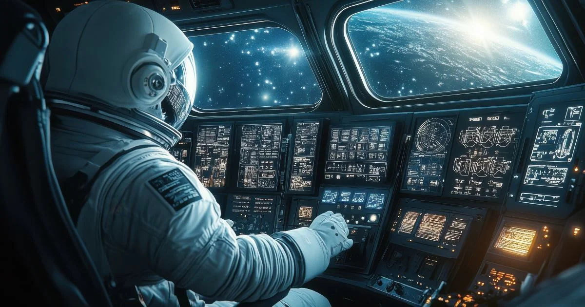 Astronaut operating advanced spacecraft control systems
